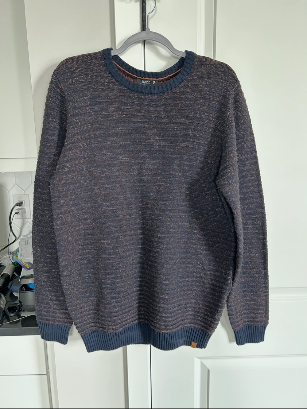 NWT Indigo Dark Navy Blue Flecked Textured Knit Crewneck Sweater Pullover Cozy